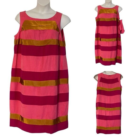 Voyage by Marina Rinaldi Pink Gold Linen Stripe Shift Midi Dress Sz MR 23/US 14 - Picture 1 of 16